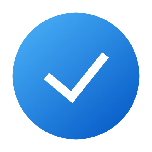 Verification symbol in blue circle.